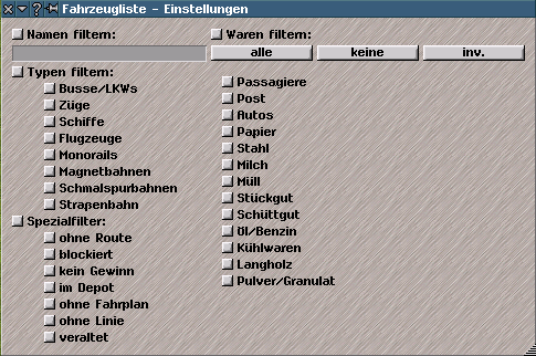 Filtereinstellungen zur Fahrzeugliste